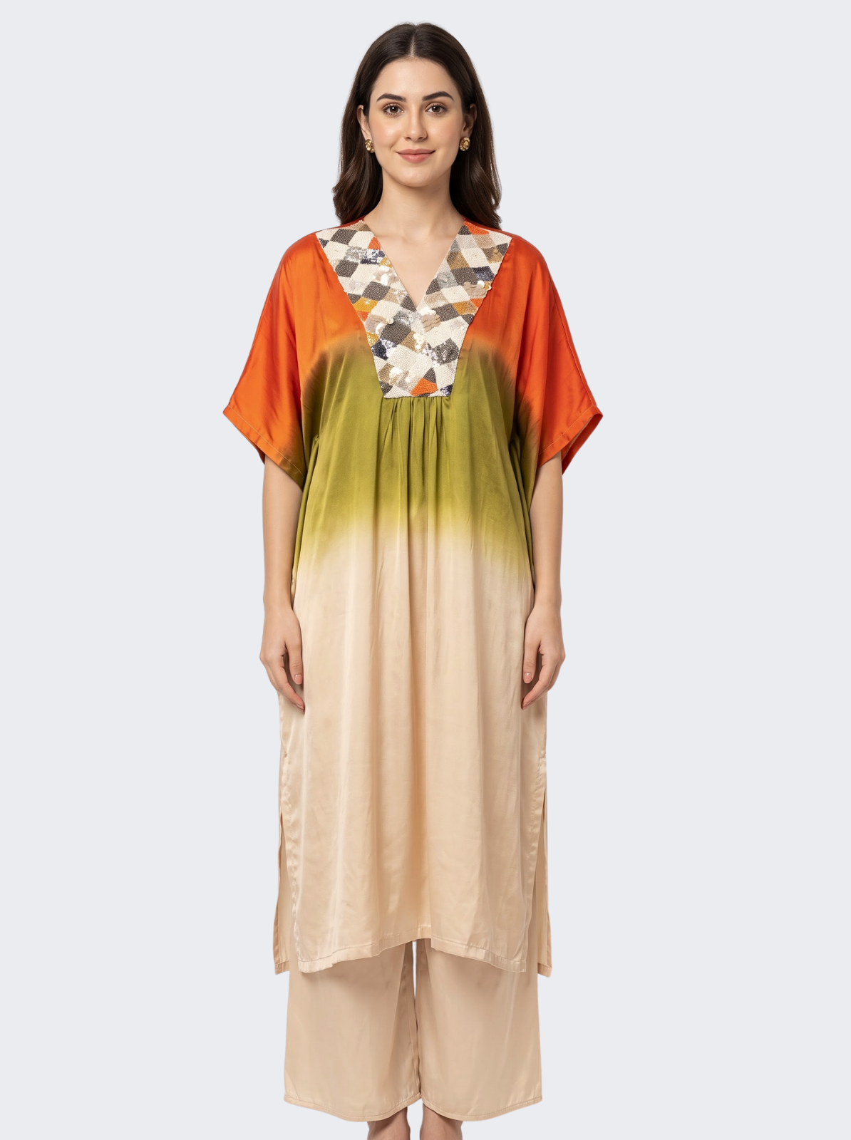 Orange Satin Indo Western with Cutdana, Sequins and Pearl Embroidery 4