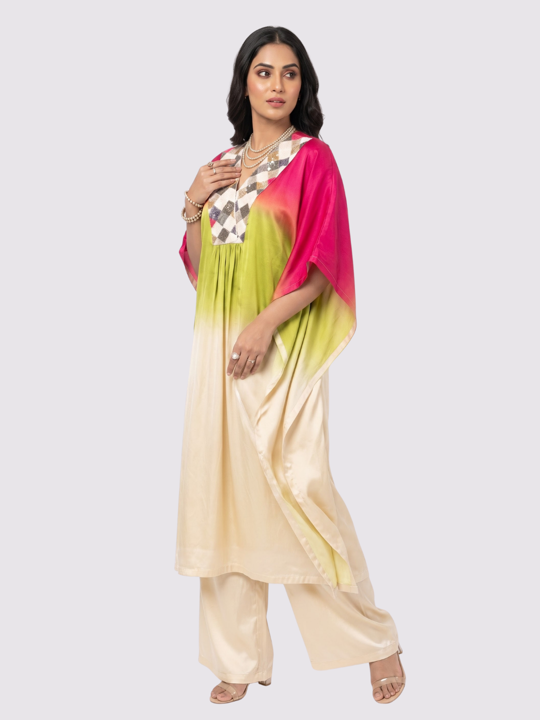 Pink Satin Indo Western with Cutdana, Sequins and Pearl Embroidery 1