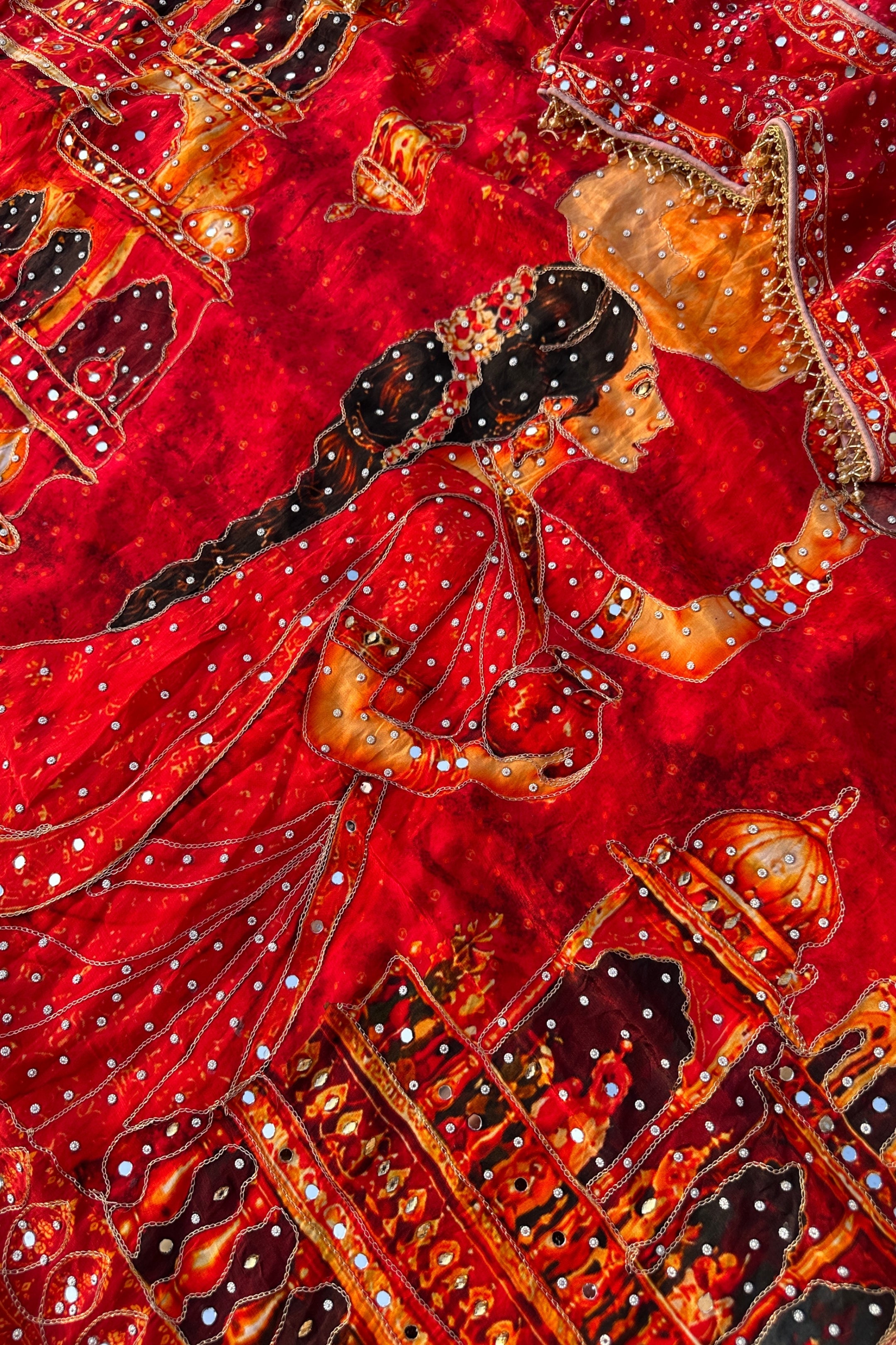 Red Crepe Embellished With Mirror & Chandla Work