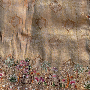 Dusty Beige Brocade Unstitched Saree Embellished With Moti, Sequins, Zarkan, Thread & Cutdana Work