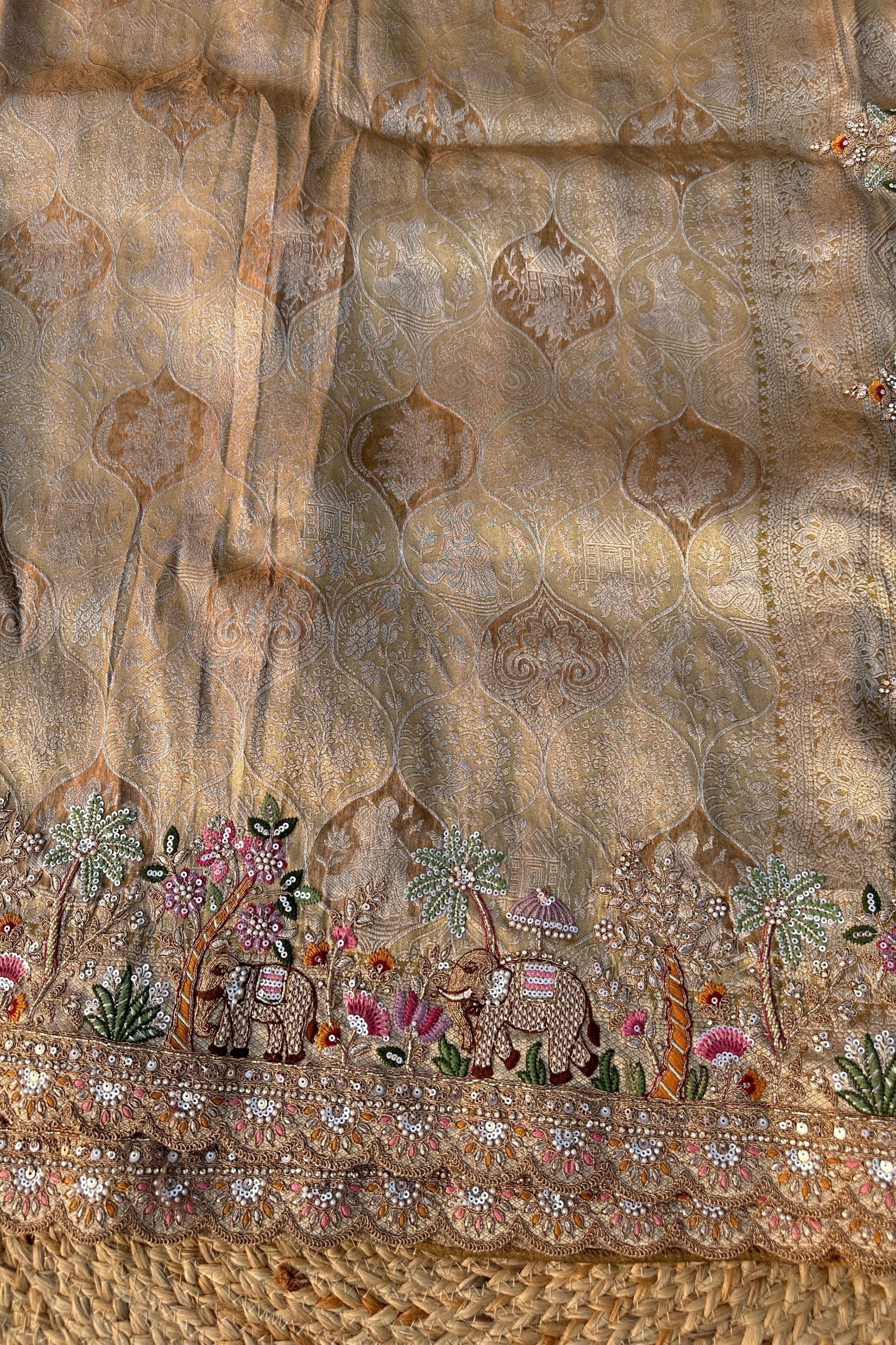 Dusty Beige Brocade Unstitched Saree Embellished With Moti, Sequins, Zarkan, Thread & Cutdana Work
