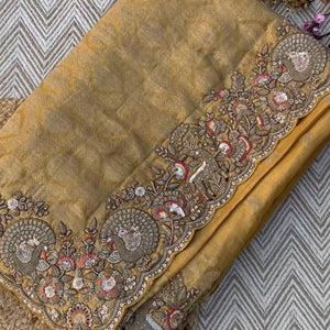Beige Tissue Unstitched Saree Embellished With Sequins, Thread, Zari, Moti & Cutdana Work