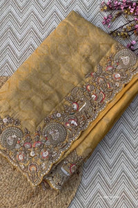 Beige Tissue Unstitched Saree Embellished With Sequins, Thread, Zari, Moti & Cutdana Work