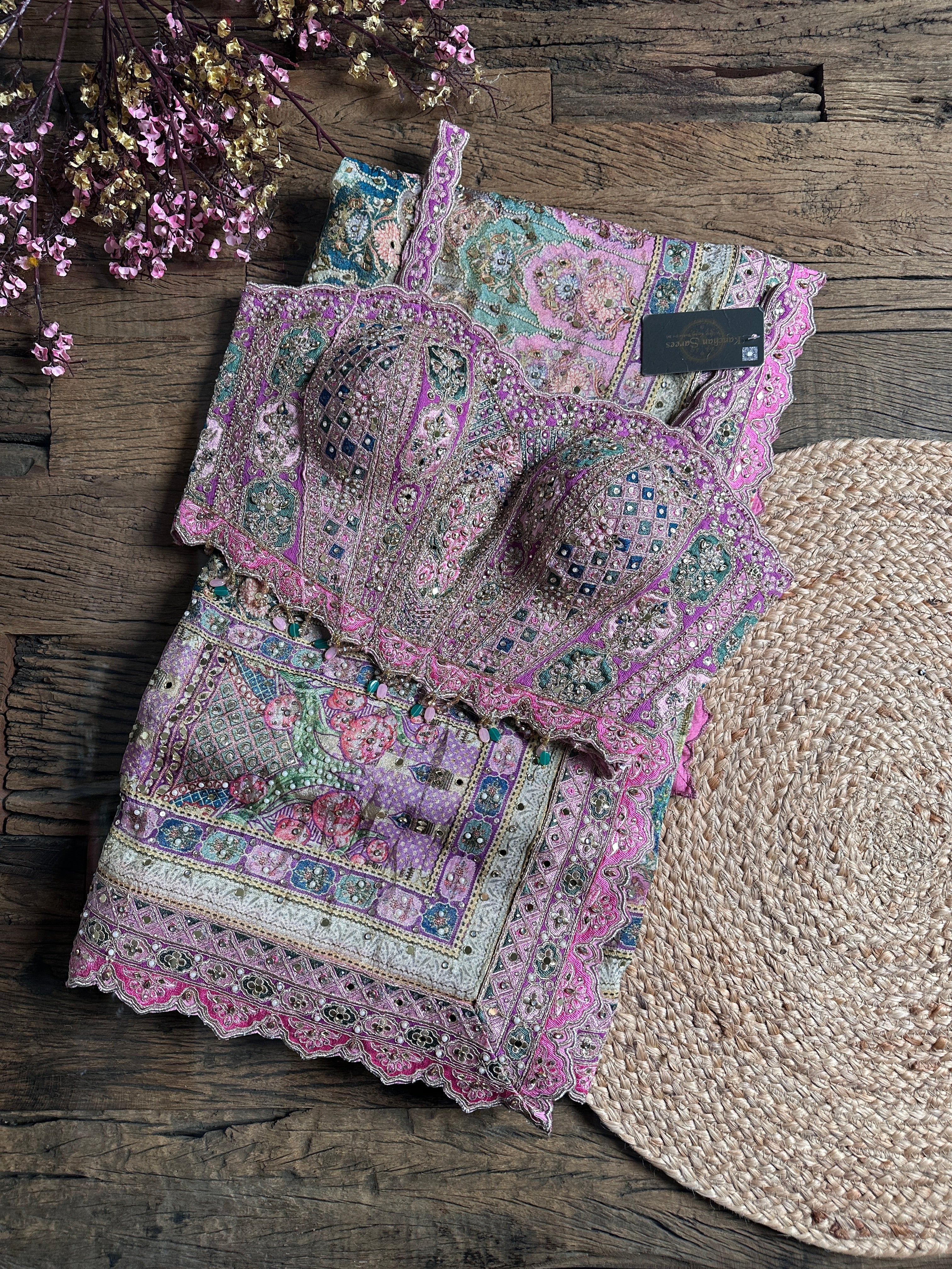 Pink Georgette Saree with Blouse with Cutdana, Sequins, Zari, Printed, Stone and Resham Embroidery 1
