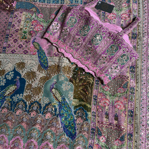 Pink Georgette Saree with Blouse with Cutdana, Sequins, Zari, Printed, Stone and Resham Embroidery 13