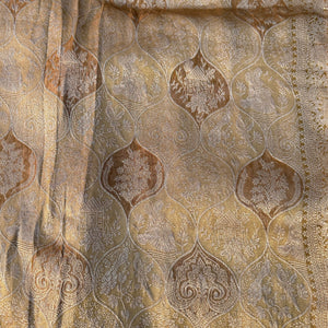 Dusty Beige Brocade Unstitched Saree Embellished With Moti, Sequins, Zarkan, Thread & Cutdana Work
