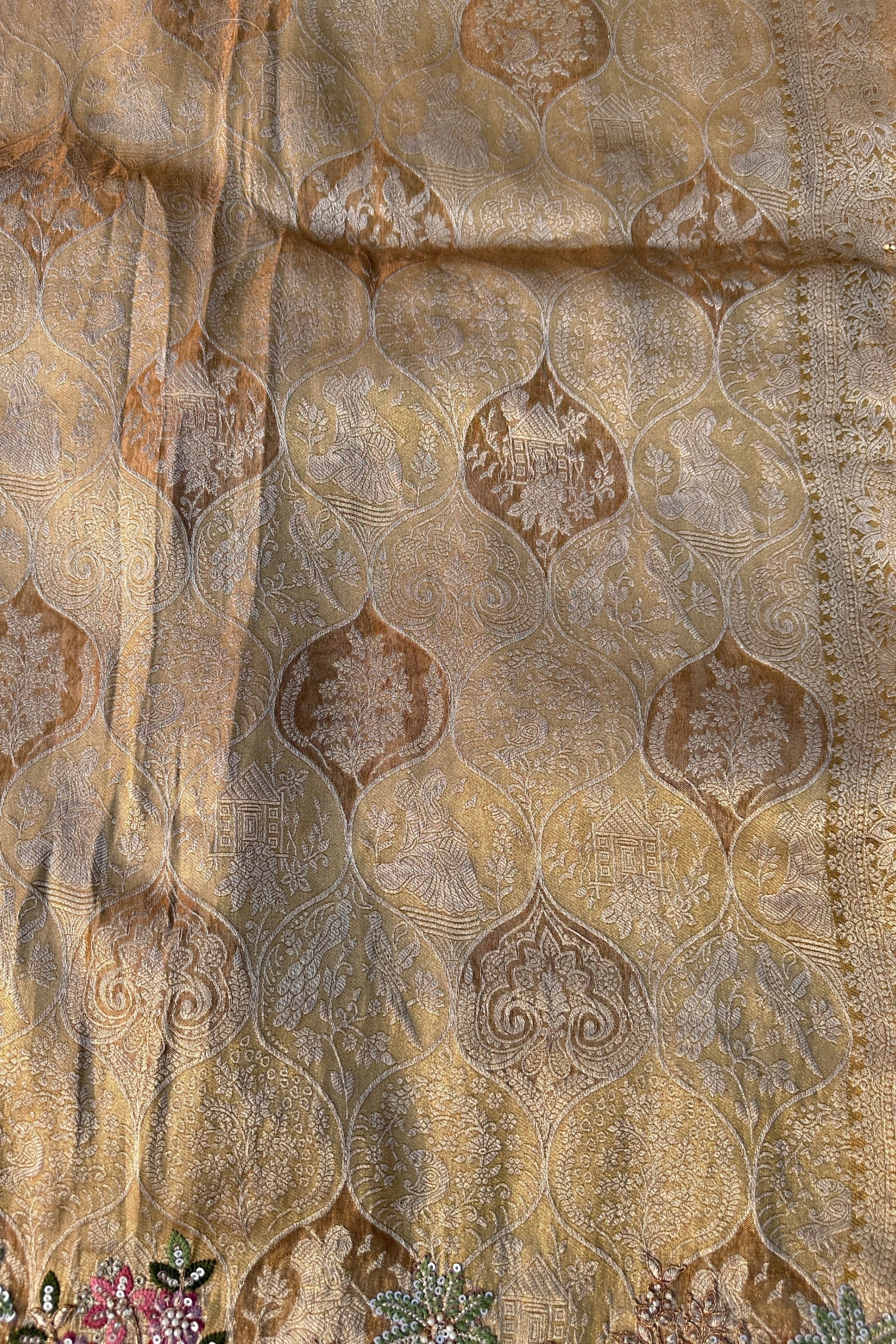 Dusty Beige Brocade Unstitched Saree Embellished With Moti, Sequins, Zarkan, Thread & Cutdana Work