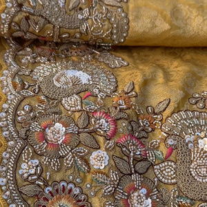 Beige Tissue Unstitched Saree Embellished With Sequins, Thread, Zari, Moti & Cutdana Work