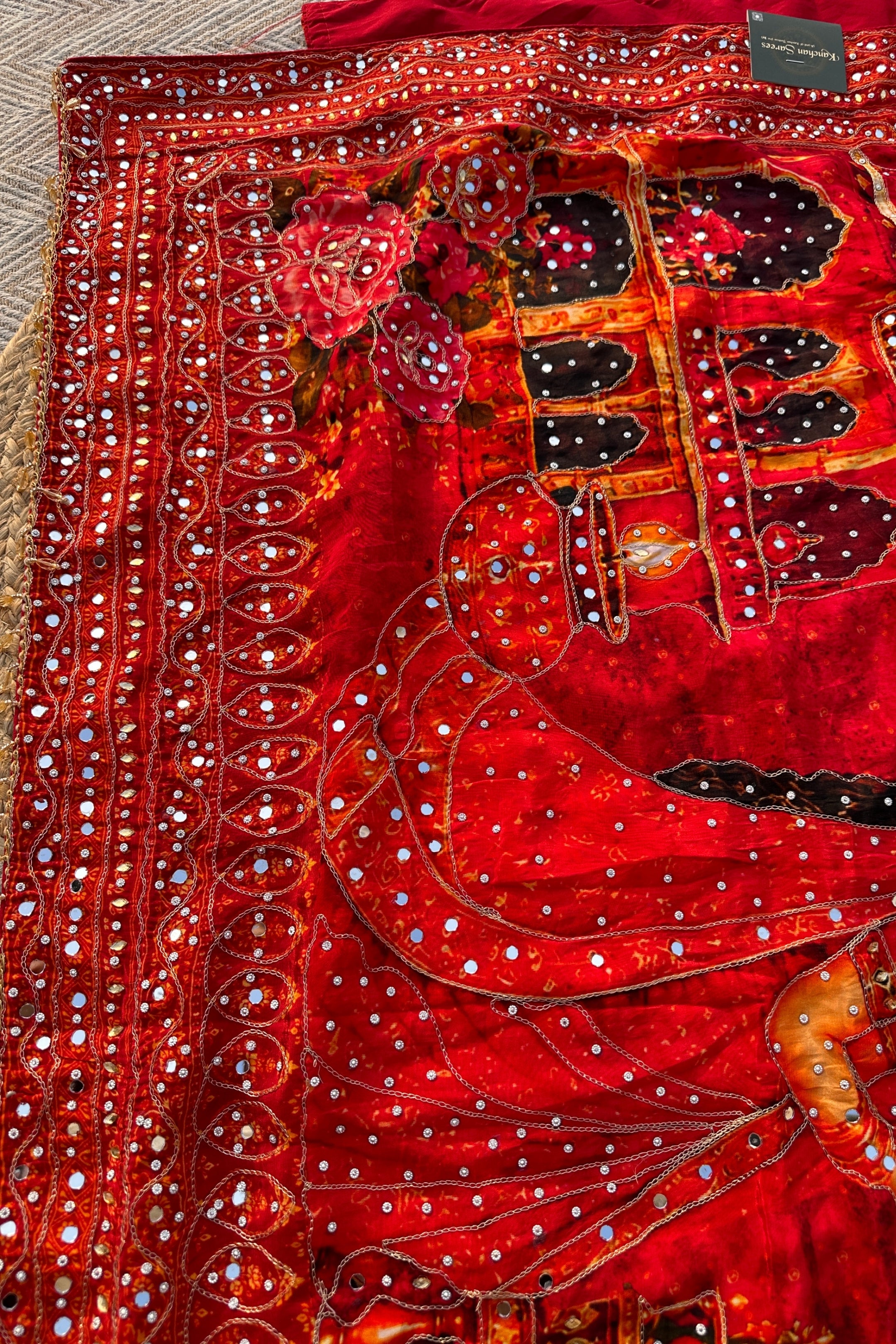 Red Crepe Embellished With Mirror & Chandla Work
