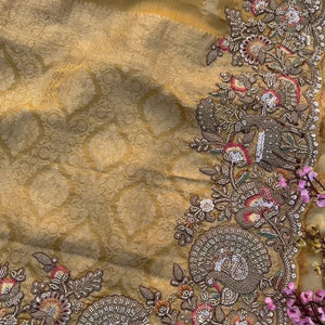 Beige Tissue Unstitched Saree Embellished With Sequins, Thread, Zari, Moti & Cutdana Work