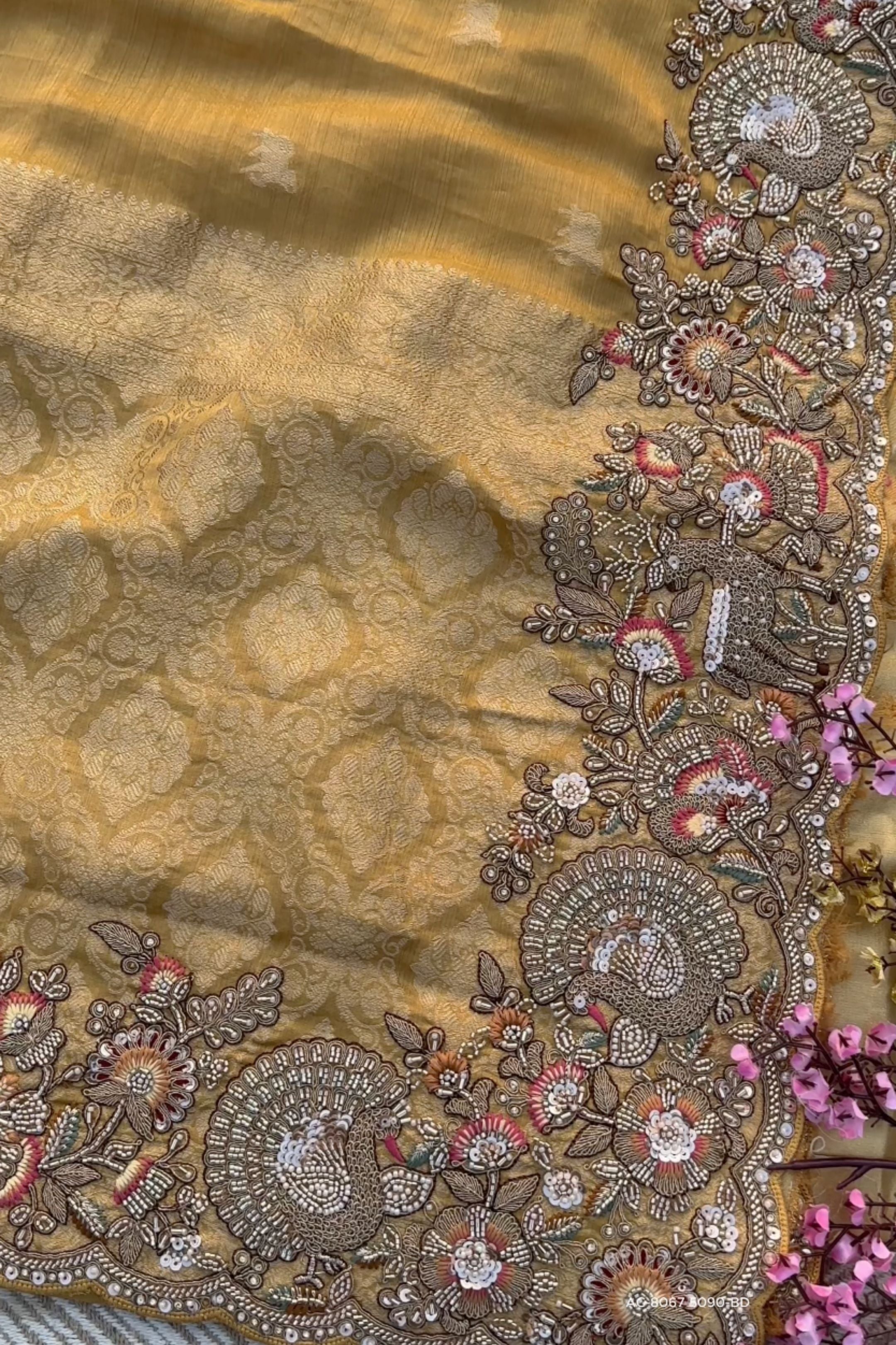 Beige Tissue Unstitched Saree Embellished With Sequins, Thread, Zari, Moti & Cutdana Work