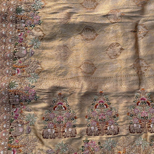 Dusty Beige Brocade Unstitched Saree Embellished With Moti, Sequins, Zarkan, Thread & Cutdana Work