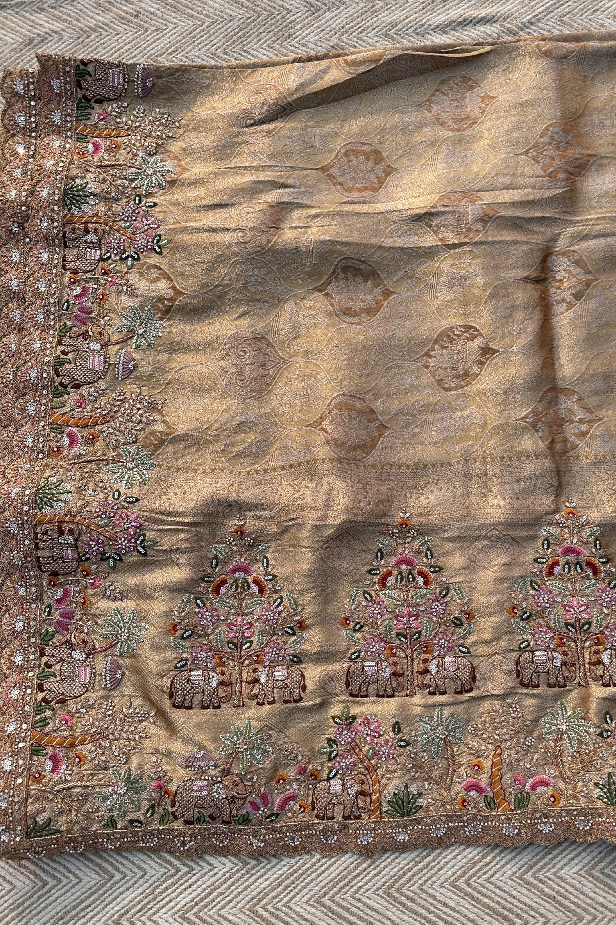 Dusty Beige Brocade Unstitched Saree Embellished With Moti, Sequins, Zarkan, Thread & Cutdana Work