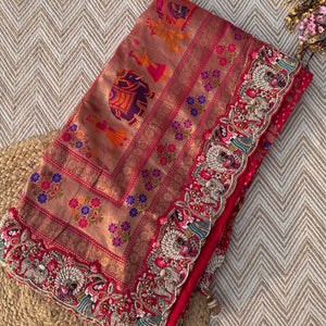 Red Georgette Unstitched Saree Embellished With Thread, Sequins, Zari, Moti & Cutdana work