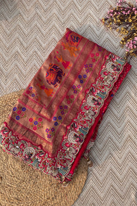 Red Georgette Unstitched Saree Embellished With Thread, Sequins, Zari, Moti & Cutdana work