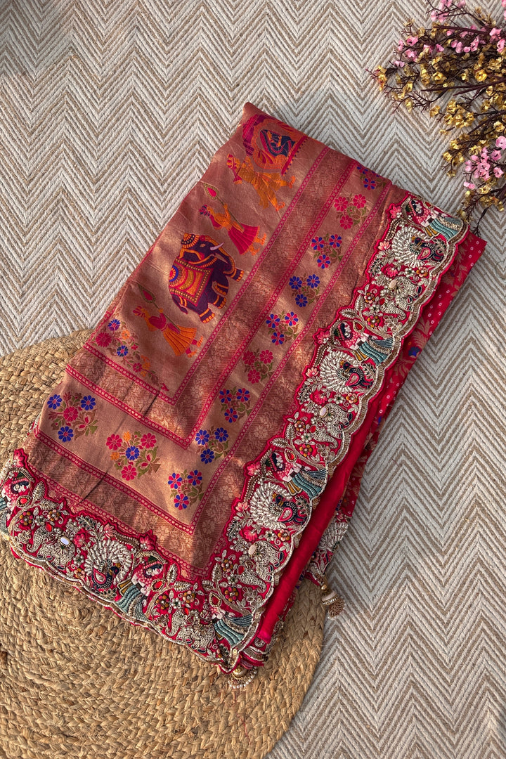 Red Georgette Unstitched Saree Embellished With Thread, Sequins, Zari, Moti & Cutdana work