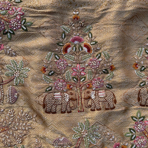 Dusty Beige Brocade Unstitched Saree Embellished With Moti, Sequins, Zarkan, Thread & Cutdana Work