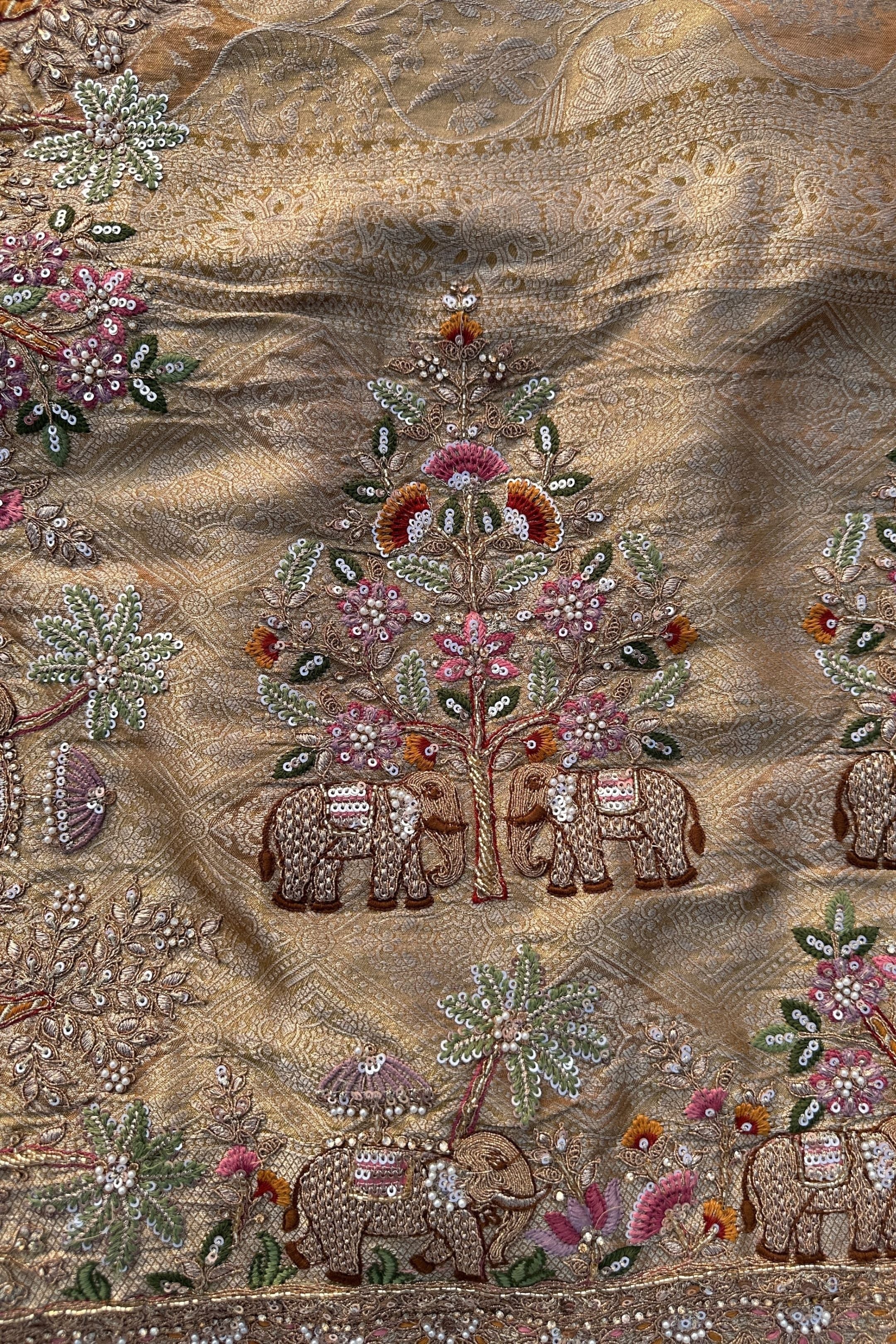 Dusty Beige Brocade Unstitched Saree Embellished With Moti, Sequins, Zarkan, Thread & Cutdana Work