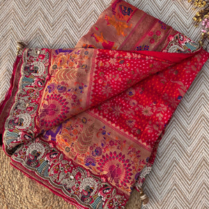Red Georgette Unstitched Saree Embellished With Thread, Sequins, Zari, Moti & Cutdana work