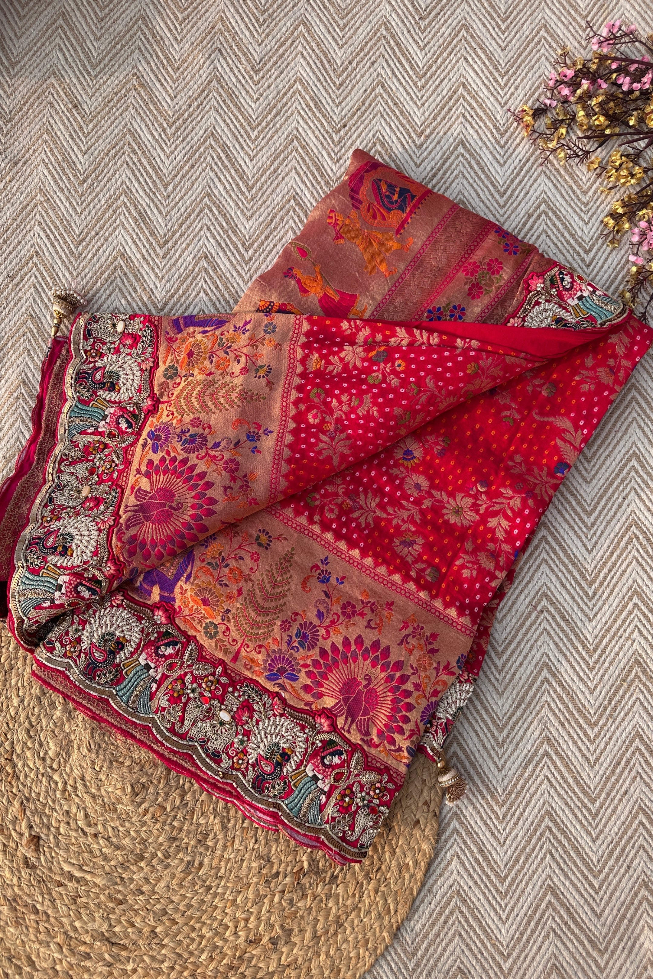 Red Georgette Unstitched Saree Embellished With Thread, Sequins, Zari, Moti & Cutdana work