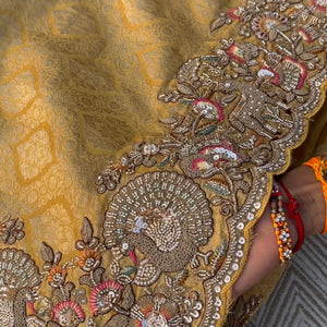 Beige Tissue Unstitched Saree Embellished With Sequins, Thread, Zari, Moti & Cutdana Work