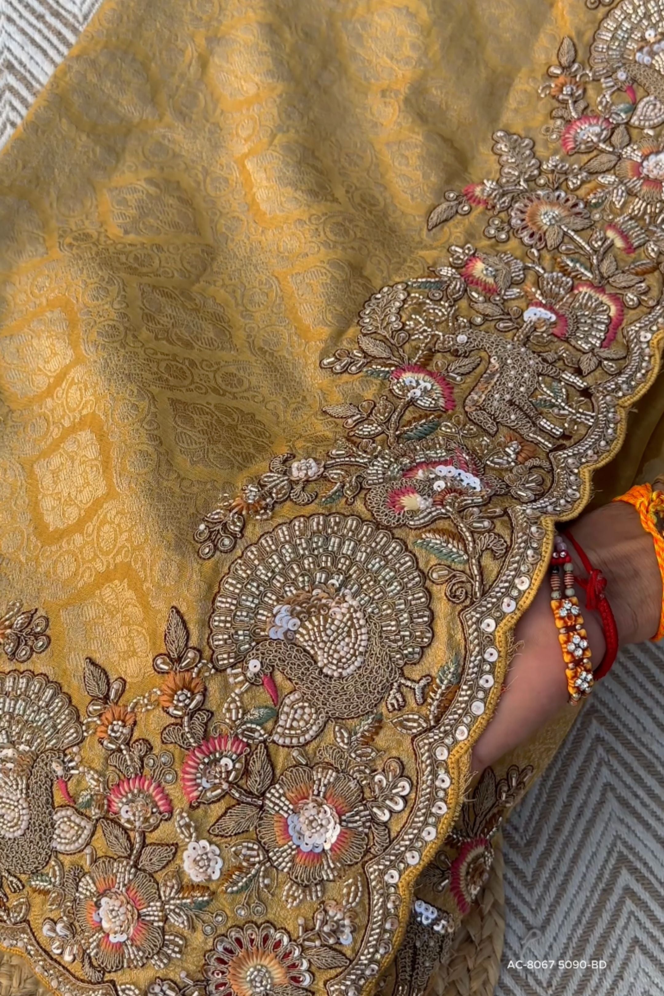 Beige Tissue Unstitched Saree Embellished With Sequins, Thread, Zari, Moti & Cutdana Work