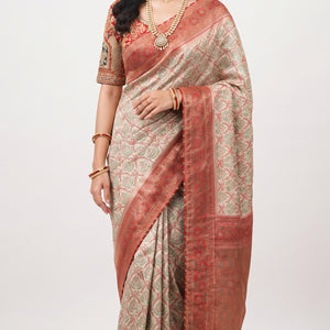 Ivory Banarasi Saree Embellished With Zari, Stone, Sequins & Mirror Work
