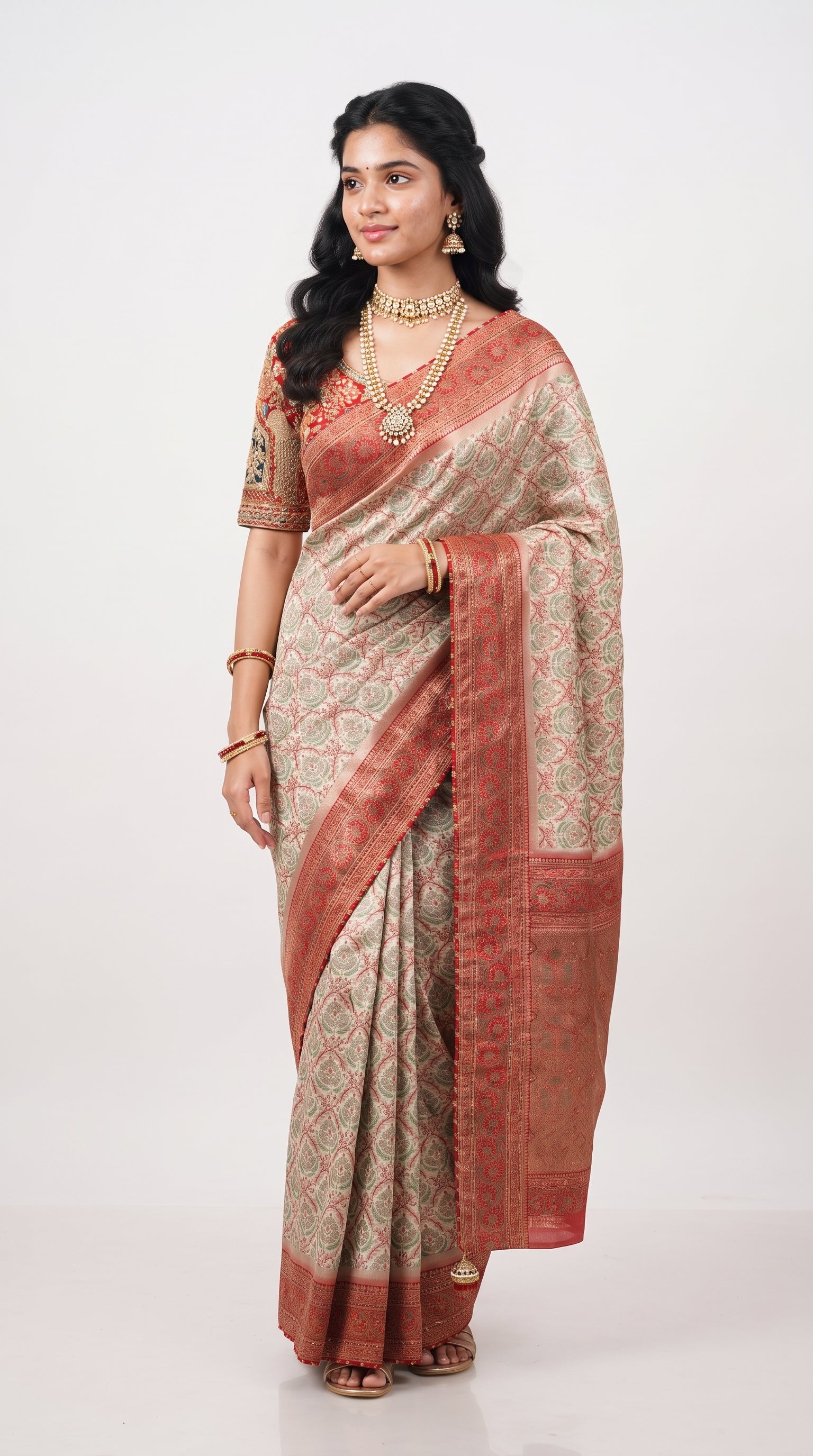 Ivory Banarasi Saree Embellished With Zari, Stone, Sequins & Mirror Work