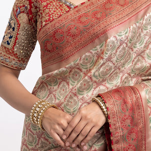 Ivory Banarasi Saree Embellished With Zari, Stone, Sequins & Mirror Work