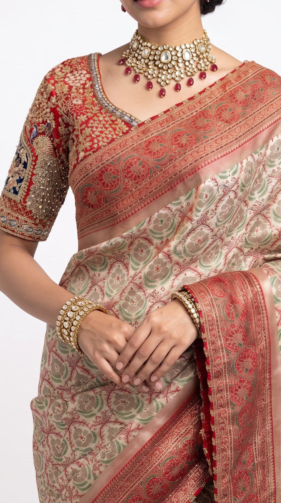 Ivory Banarasi Saree Embellished With Zari, Stone, Sequins & Mirror Work