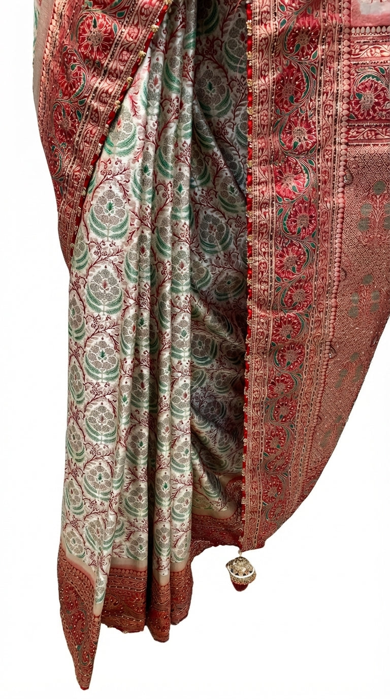 Ivory Banarasi Saree Embellished With Zari, Stone, Sequins & Mirror Work