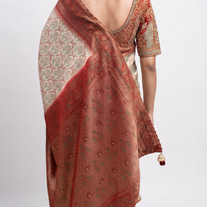 Ivory Banarasi Saree Embellished With Zari, Stone, Sequins & Mirror Work