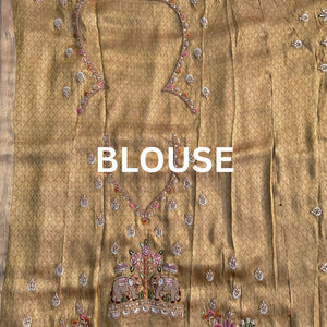 Dusty Beige Brocade Unstitched Saree Embellished With Moti, Sequins, Zarkan, Thread & Cutdana Work