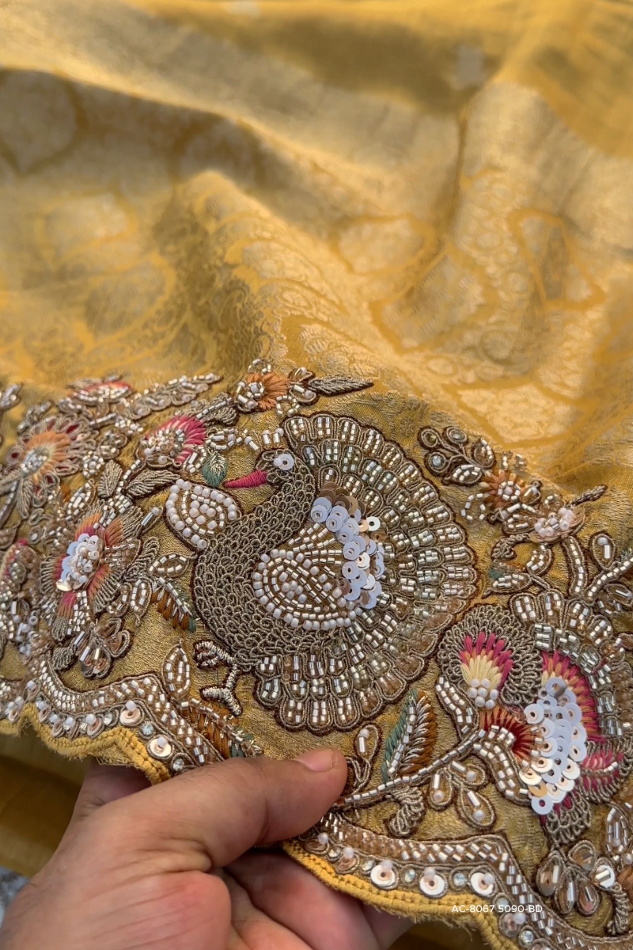 Beige Tissue Unstitched Saree Embellished With Sequins, Thread, Zari, Moti & Cutdana Work