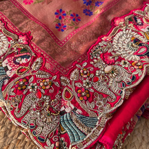 Red Georgette Unstitched Saree Embellished With Thread, Sequins, Zari, Moti & Cutdana work