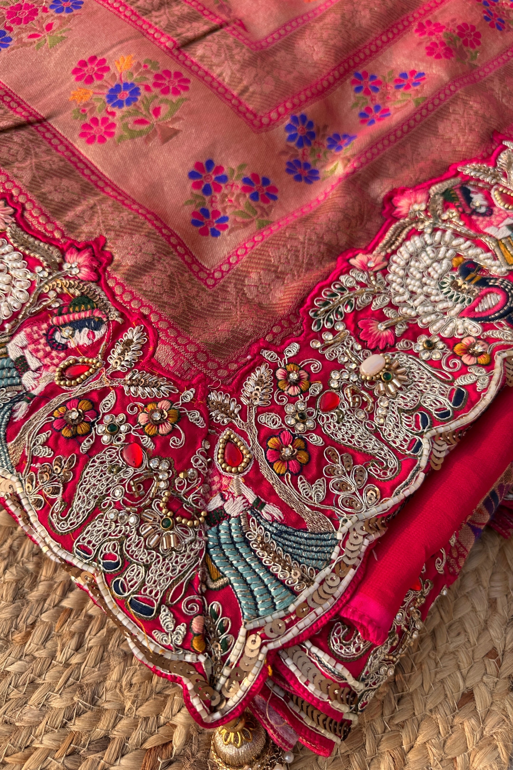 Red Georgette Unstitched Saree Embellished With Thread, Sequins, Zari, Moti & Cutdana work
