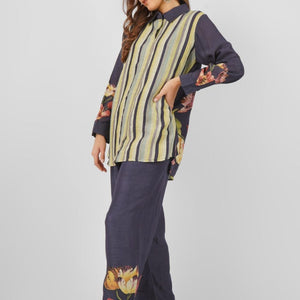 Navy Blue Linen Printed Indo Western Coord Set  with Embroidery Touching
