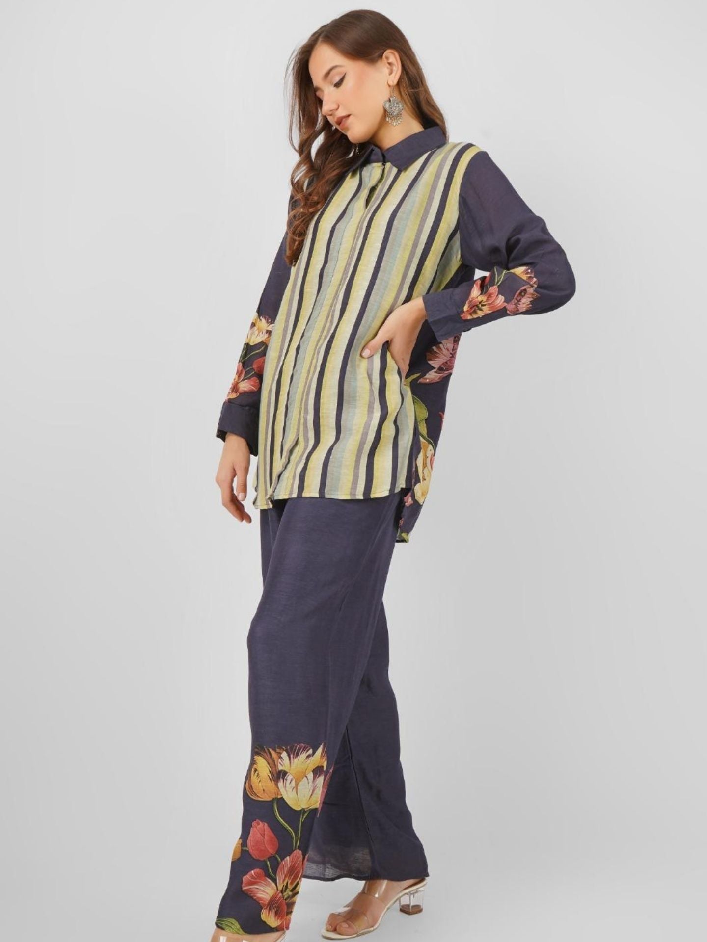 Navy Blue Linen Printed Indo Western with Embroidery Touching