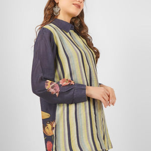 Navy Blue Linen Printed Indo Western Coord Set  with Embroidery Touching