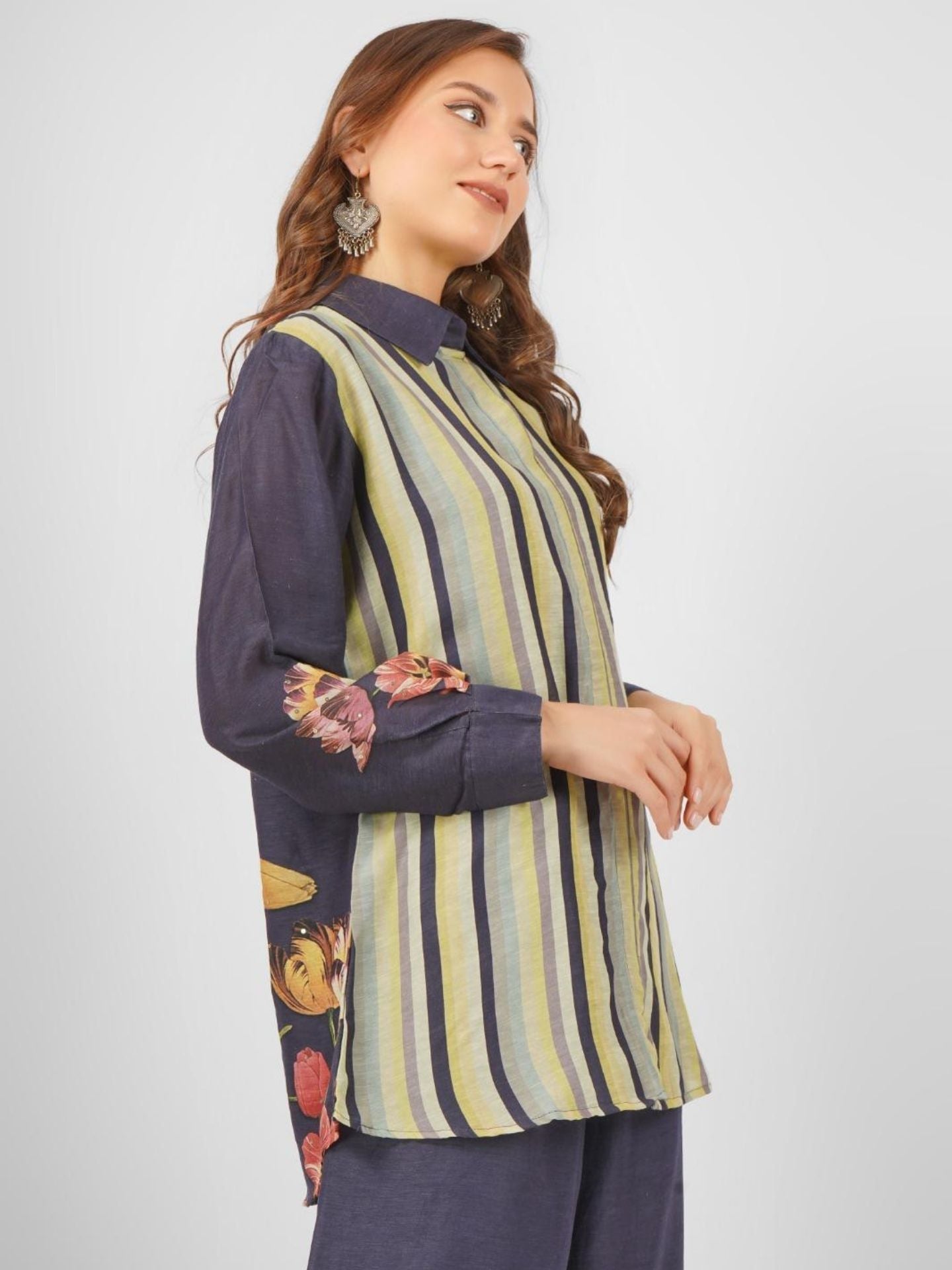 Navy Blue Linen Printed Indo Western with Embroidery Touching