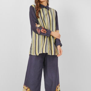Navy Blue Linen Printed Indo Western Coord Set  with Embroidery Touching
