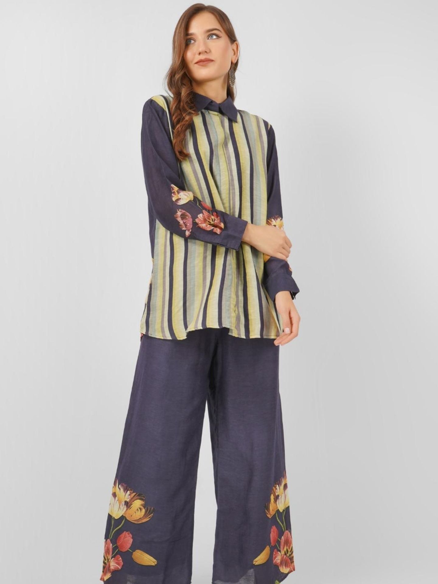 Navy Blue Linen Printed Indo Western with Embroidery Touching