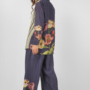 Navy Blue Linen Printed Indo Western Coord Set  with Embroidery Touching