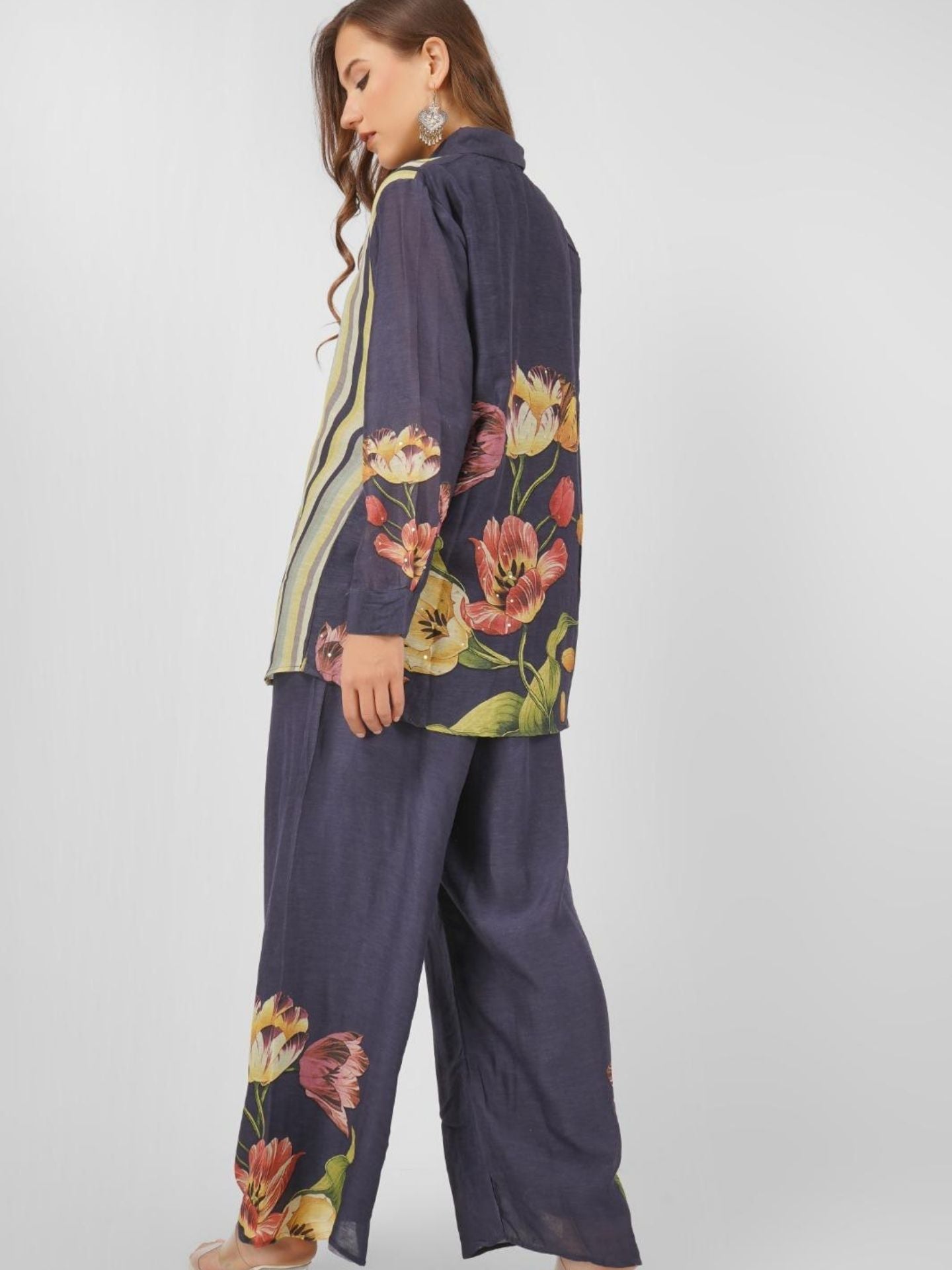 Navy Blue Linen Printed Indo Western with Embroidery Touching