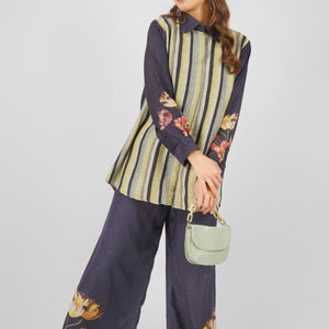 Navy Blue Linen Printed Indo Western Coord Set  with Embroidery Touching