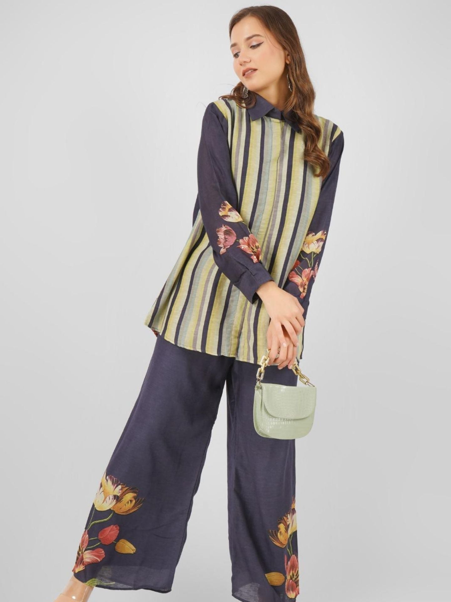 Navy Blue Linen Printed Indo Western with Embroidery Touching