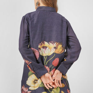 Navy Blue Linen Printed Indo Western Coord Set  with Embroidery Touching
