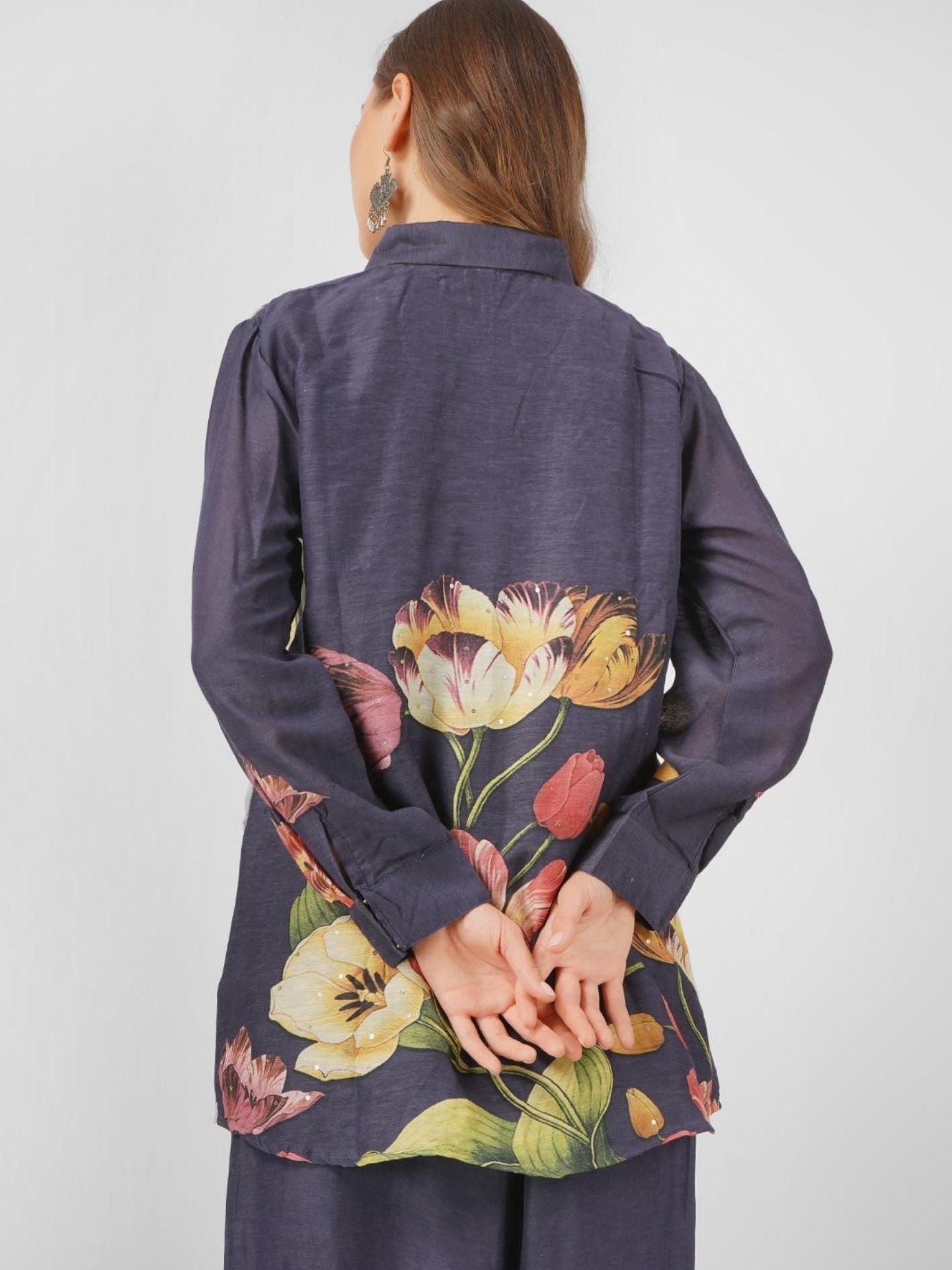 Navy Blue Linen Printed Indo Western with Embroidery Touching