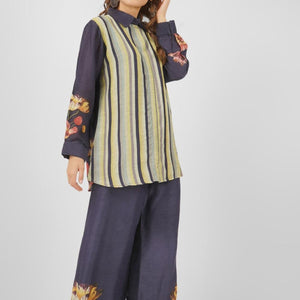 Navy Blue Linen Printed Indo Western Coord Set  with Embroidery Touching
