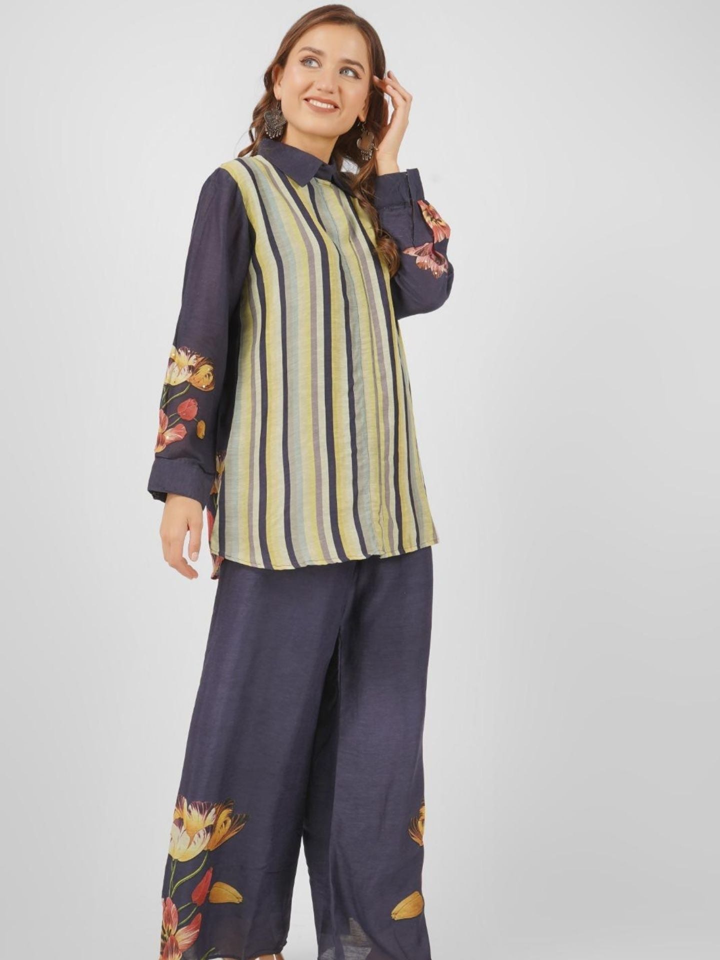 Navy Blue Linen Printed Indo Western with Embroidery Touching